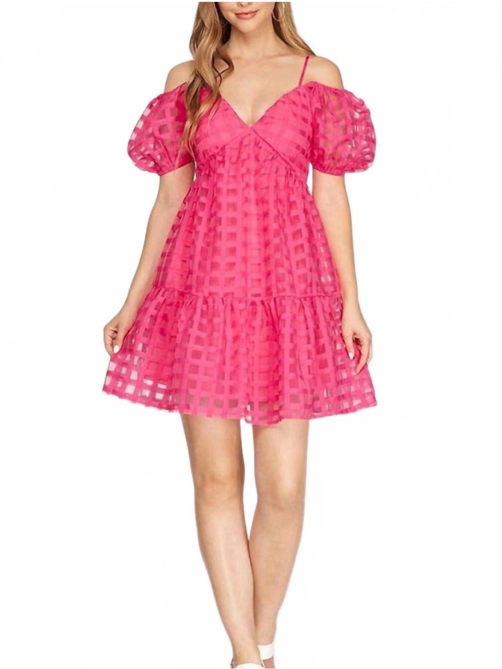 She + Sky Hot Pink Puff Sleeve Tiered Mini Skirt